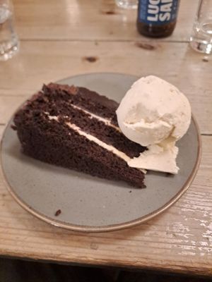 Chocolate cake with ice cream at Mono in Glasgow