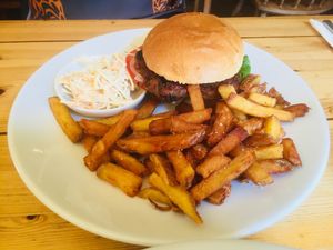 Seitan burger, chips and slaw at Mono in Glasgow