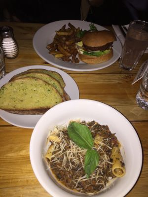 Burger and special mushroom pasta  at Mono in Glasgow
