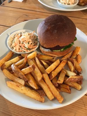 The beetroot burger, chips and vegan coleslaw at Mono in Glasgow