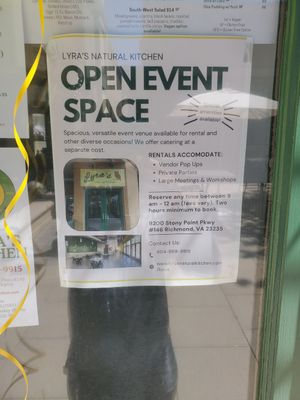 Event space at Lyra's Natural Kitchen in Richmond