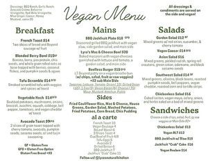 Vegan menu  at Lyra's Natural Kitchen in Richmond