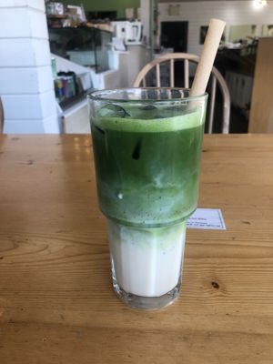 Matcha latte with oat milk  at Honolulu Coffee in Vancouver