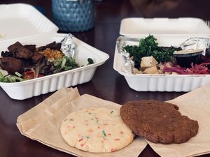 Seitan steak w/ Mac and cheeze and Buddha bowl  at The Red Fern in Rochester
