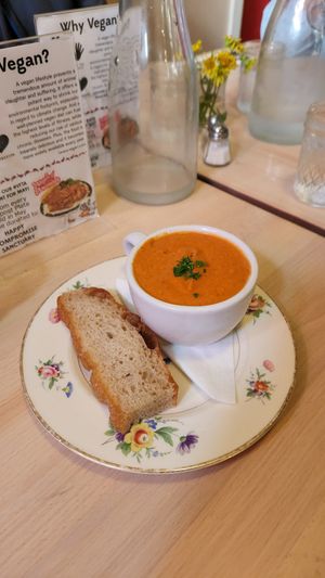 Tomato bisque soup with focaccia at The Red Fern in Rochester