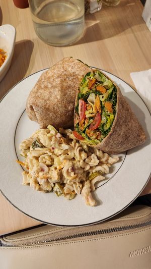 Chicken caesar wrap with pasta salad at The Red Fern in Rochester
