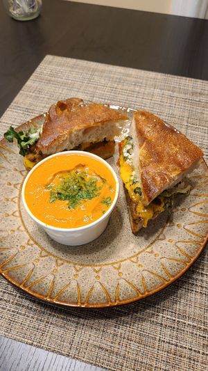 Lentil Burger with Cashew Cream of Tomato Soup at The Red Fern in Rochester