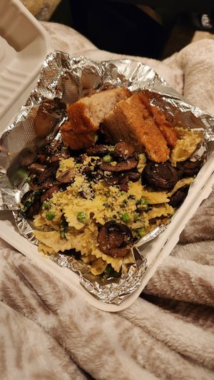 Spring Bow Tie Special with Lemon Cashew Alfredo sauce + mushrooms at The Red Fern in Rochester