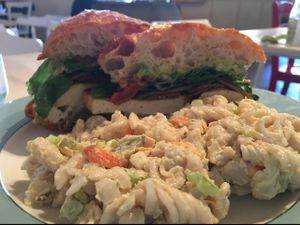 tofu egg breakfast sandwich with Mac salad at The Red Fern in Rochester