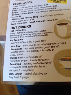 Hot drinks menu at The Red Fern in Rochester