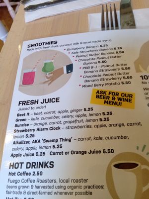 Smoothie and juices menu at The Red Fern in Rochester