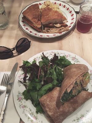 Buffalo Bleu Sandwich and Warrior Wrap, with kombucha at The Red Fern in Rochester