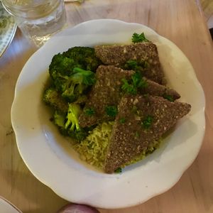 Weekly special - Tempeh picatta, with roasted broccoli and lemon caper rice at The Red Fern in Rochester