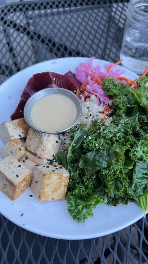 Buddha Bowl (GF) – oil-free option without the dressing: organic marinated tofu, coconut brown rice, steamed kale, chilled beets, pickled carrots & cabbage.   at The Red Fern in Rochester