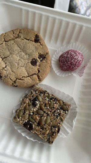 Chocolate chip cookie, Beet-Coconut Bite (oil-free), and a Bird Bar (oil-free).  at The Red Fern in Rochester