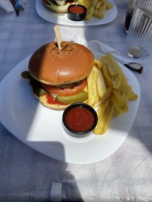 Olive burger, honey mustard sauce swapped for ketchup  at SouvLake in Skiathos