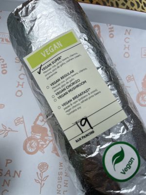 Vegan burrito with nice label  at San Pancho in Takoma Park