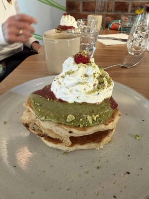 Pistachio pancakes   at Kafé Oransjeriet in Stavanger