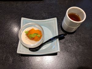 Soy milk and fruit pudding-like dessert that came with set meal at Hanabishi in Koya