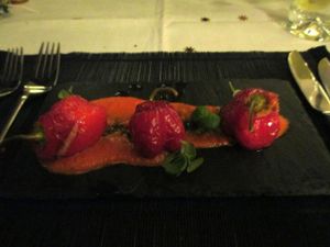 Stuffed pequillo peppers in a spicy tomato sauce - starter from New Year's Eve set menu at Raw - La Suite West in West London