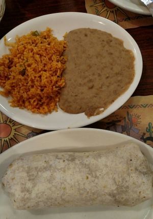 Veggie Burrito with rice and beans.  Vegan options are fabulous!  It is so wonderful to find a Mexican restaurant that doesn't use chicken stock or butter in the rice, doesn't use lard in the beans, and doesn't add milk or milk powder to the guacamole!  They also don't use peanut oil (if that is an allergy concern). at La Quesadilla Mexican Grill in St John