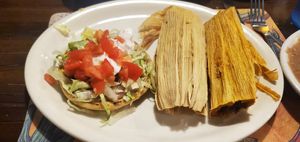 Vegan tamales & sope w/Vegan Sour cream at La Quesadilla Mexican Grill in St John