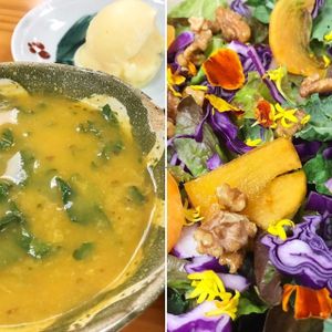 Kabocha kale soup, salad with persimmon and candied walnuts, sorbet. All vegan. at Roots Cafe in Honolulu