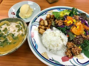 Kabocha soup, sorbet, salad with tofu, persimmon, candied walnuts at Roots Cafe in Honolulu