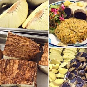 Ulu (breadfruit) cassava patties, with native starches. Serving no rice to bring awareness to the fact that most rice is imported and we have sustainable native foods that can help make Hawai'i food secure! at Roots Cafe in Honolulu