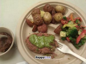 Sweet potato, quinoa and chick pea patties! Veggies, steamed potatoes and a coconut milk taro dessert! $10...YUM!! at Roots Cafe in Honolulu