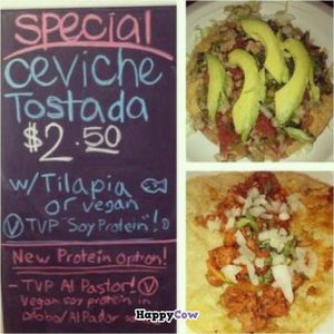 Many daily specials are vegan or able to be done vegan, likes this ⓋTVP Al Pastor Taco, and ⓋTVP Ceviche Tostadas. at Tacos El Cunado - Downtown Market in Grand Rapids