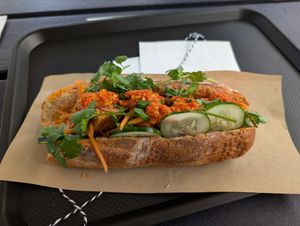 Banh mi with house chili sauce at Saigon Shack in Rarotonga