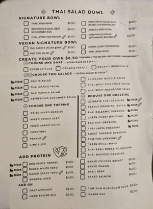 Paper menu at Thai Salad Bowl in Central Singapore
