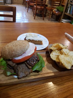 Loving burger w chips & carrot cake. at Loving Heart in Chicago