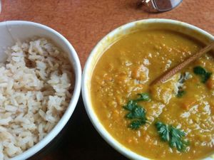 curry with brown rice at Loving Heart in Chicago