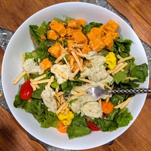 Buffalo Tofu Salad - romaine lettuce, buffalo tofu, carrots, celery, orange cauliflower, cherry tomatoes, yellow onion, avocado ranch, potato stix at Key West Salad Shack - Pre Order Only in Key West