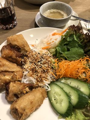 Ricenoodle bowl with spring rolls (16€)  at Viegan in Stuttgart
