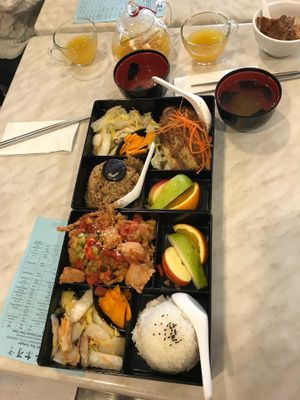 Sharing bento boxes, hainan 'chicken' and sweet and sour stir fry- delicious! at Water Drop Teahouse in Box Hill