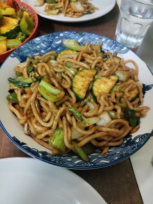 Black pepper udon at Laughing Buddha Vegetarian Bistro in Oakland
