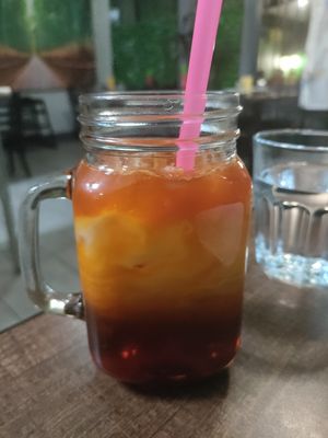Thai iced tea with coconut milk at Laughing Buddha Vegetarian Bistro in Oakland