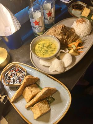 Vegan jackfruit rendang / tofu & tempeh with sweet and spicy dipping sauce.   at Bernadette in Seminyak