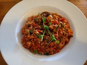 Mediterranean Risotto cooked in a Tomato, Herb & Chilli Sauce. at Number 25 in Rhos On Sea