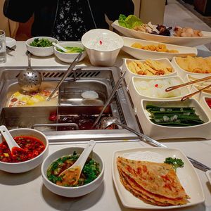 Mushroom, tofu, noodle, veg and Scallion pancakes at Haidilao Hotpot in Birmingham