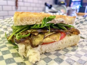 RISHIKESH
Grilled eggplant, fresh tomato, rocket, walnut sauce  at Sa Panineria in Mallorca