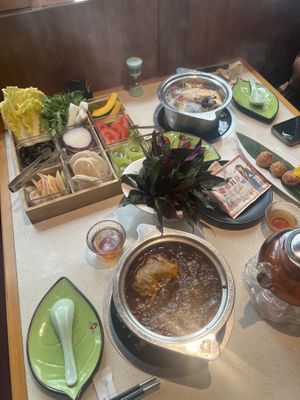 Mushroom hotpot and spicy hot pot with ALL SORTS of vegetables  at Yiyeyi World Shekou in Shenzhen