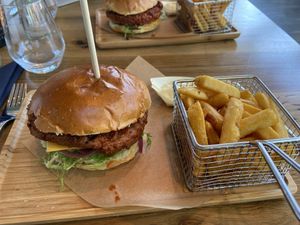 Green chef burger: vegan version. It’s tasty (with a meaty patty) but a bit too salty. The fries were nice.  at Abdij de Westerburcht in Westerbork