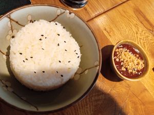 side dishes (rice & peanut hoisin sauce) at Mandala Vegan Köln in Cologne