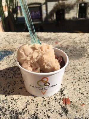 Hazelnut/myrtle and chocolate flavour vegan gelato at Fatamorgana Gelato in Rome