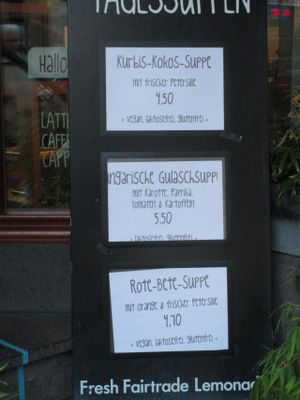 Daily soup menu with 2 vegan choices. at St. Louis Cafe in Cologne