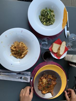 Pesto pasta, lentil Ragu, and lasagne  at L'orto di Pitagora in Rovereto